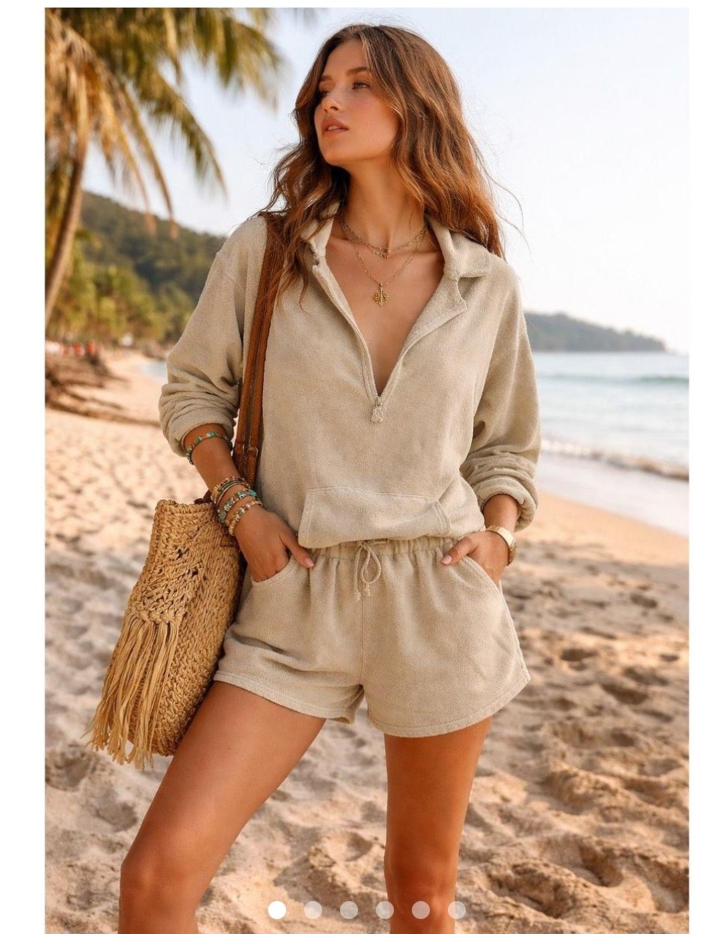 Free People FP beach Cozy Hooded Drawstring Romper in Light Beige